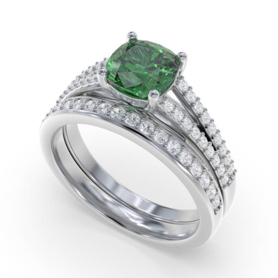 Fancy Emerald Green Cushion Diamond Shoulder Set Ring