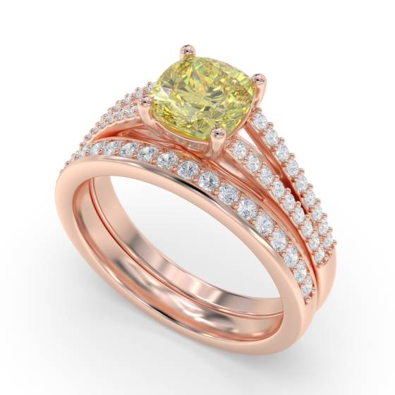 Fancy Yellow Cushion Diamond Halo Shoulder Set Ring