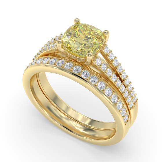 Fancy Yellow Cushion Diamond Halo Shoulder Set Ring