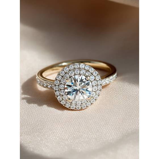 Double Halo Shoulder Set Round Diamond Ring
