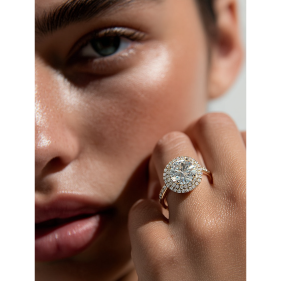 Double Halo Shoulder Set Round Diamond Ring