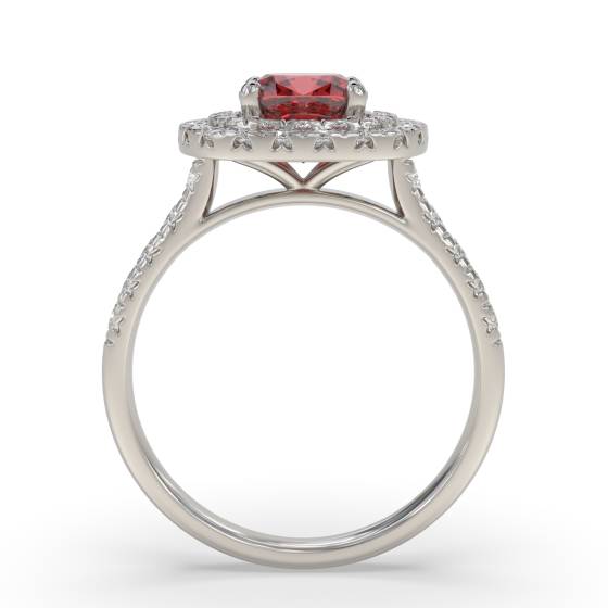 Cushion Ruby and Diamond Double Halo Shoulder Set Ring