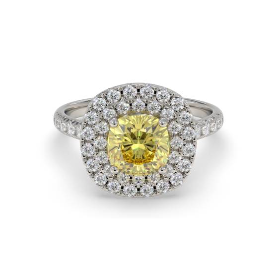 Fancy Yellow Cushion Diamond Halo Shoulder Set Ring