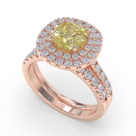 Fancy Yellow Cushion Diamond Halo Shoulder Set Ring