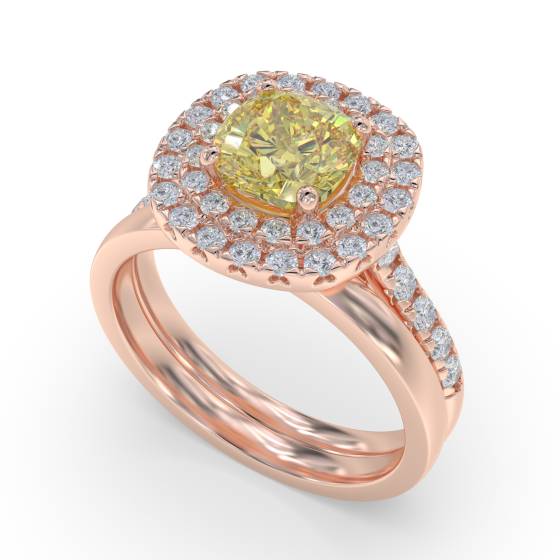 Fancy Yellow Cushion Diamond Halo Shoulder Set Ring
