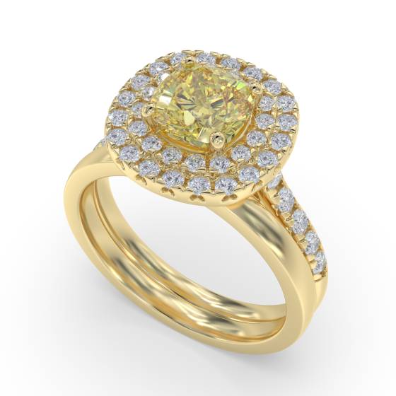 Fancy Yellow Cushion Diamond Halo Shoulder Set Ring