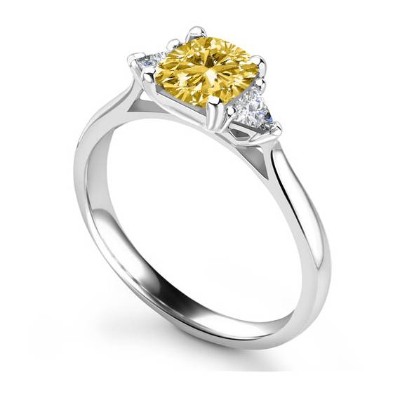 0.75ct VS2/FY Cushion Natural Fancy Yellow Diamond Trilogy Ring