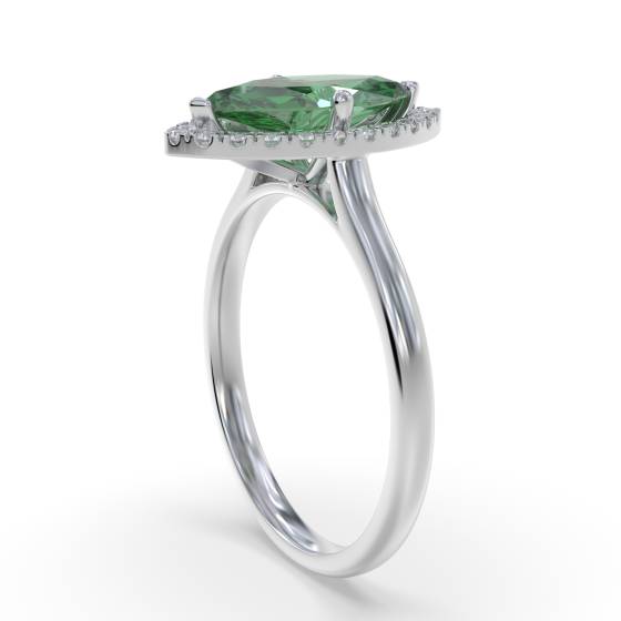 Green Emerald Marquise Shaped Diamond Single Halo Shoulder Set Ring