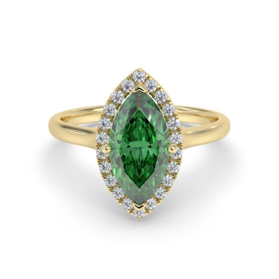 Green Emerald Marquise Shaped Diamond Single Halo Shoulder Set Ring