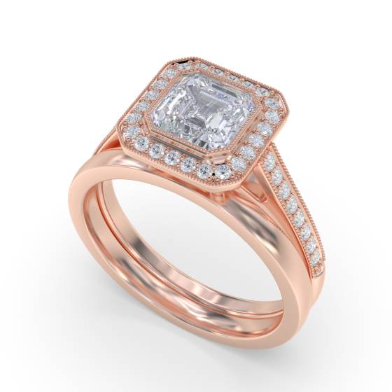 Asscher Diamond Bezel Set Single Halo Shoulder Set Ring