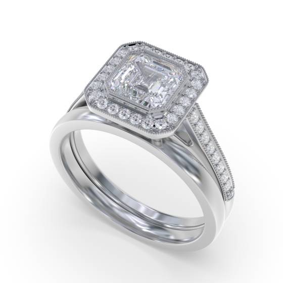 Asscher Diamond Bezel Set Single Halo Shoulder Set Ring