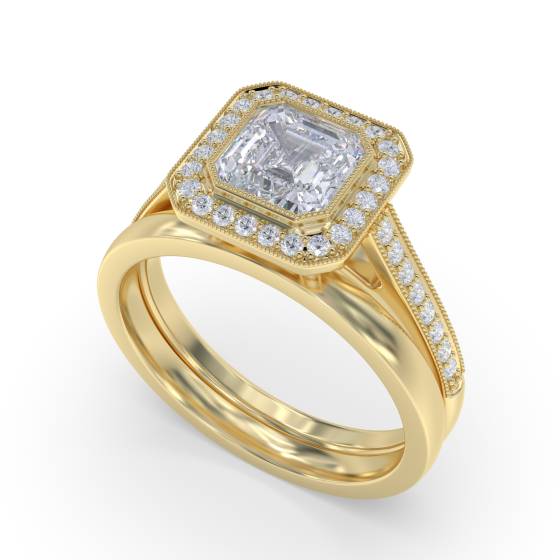 Asscher Diamond Bezel Set Single Halo Shoulder Set Ring