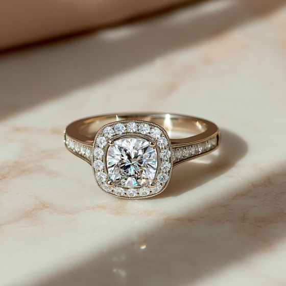 Cushion Diamond Designer Halo Shoulder Set Ring