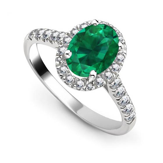 Green Emerald Oval Shaped Diamond Single Halo Shoulder Set Ring