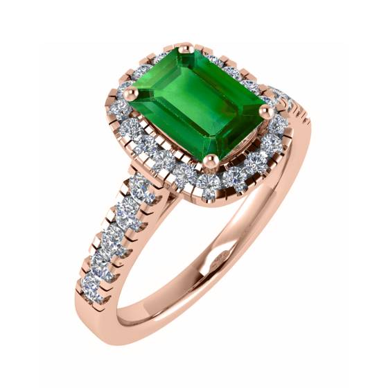 Emerald and Diamond Single Halo Shoulder Set Ring