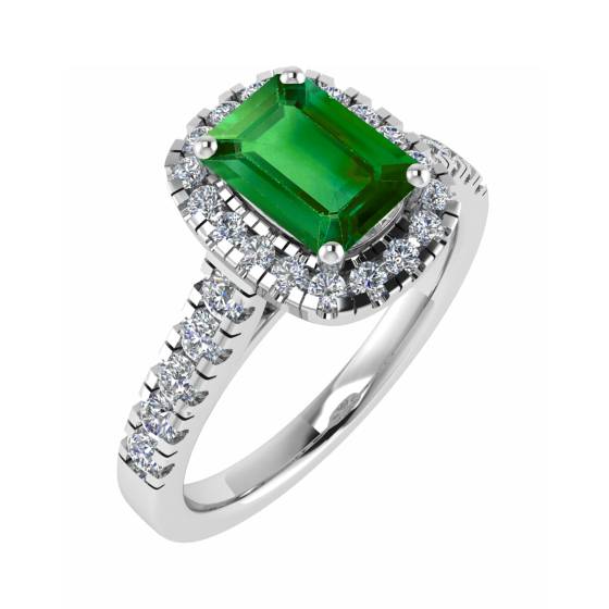 Emerald and Diamond Single Halo Shoulder Set Ring