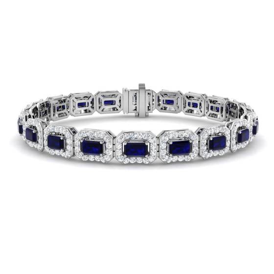 9.54ct VS/E-F Emerald cut Diamonds Blue Sapphire and Natural Diamond Halo Bracelet