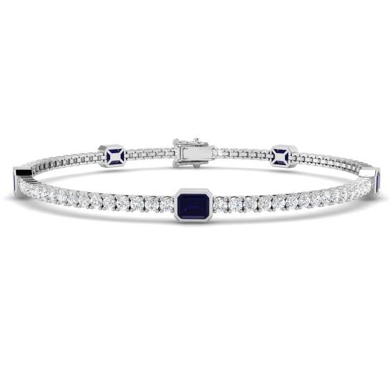 Emerald Cut Blue Sapphire and Round Diamond Set Bracelet