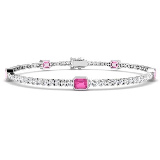 Emerald Cut Pink Sapphire and Round Diamond Set Bracelet