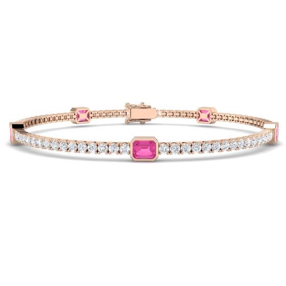 Emerald Cut Pink Sapphire and Round Diamond Set Bracelet