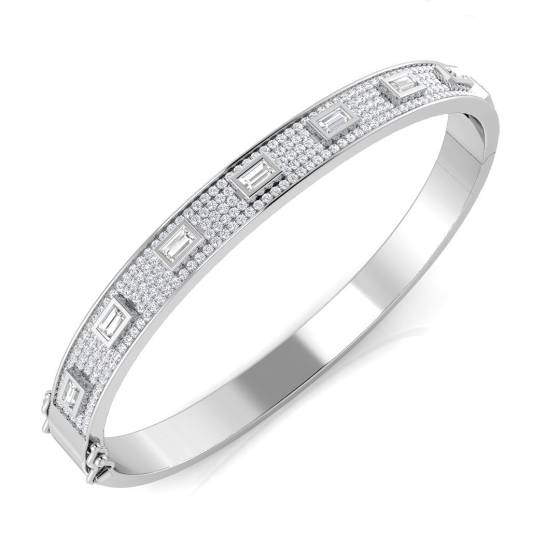 Round Diamond and Emerald Baguette Bezel Set Bangle