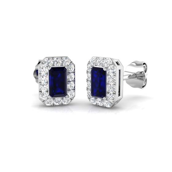 1.03ct VS/E-F Emerald cut Blue Sapphire Gemstone Halo Earrings