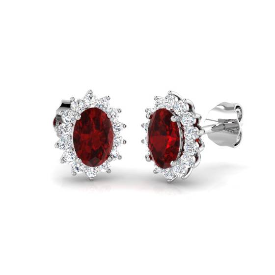 1.34ct VS/E-F Oval cut Ruby Gemstone and Natural Diamond Halo Earrings