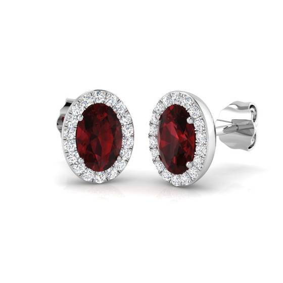 1.35ct VS/E-F Oval cut Garnet Gemstone and Natural Diamond Halo Earrings