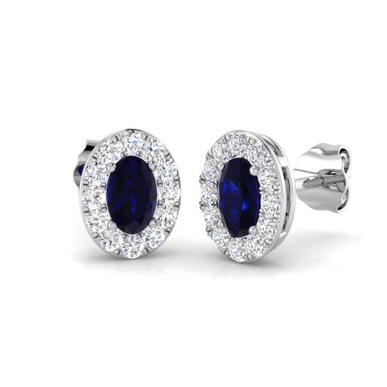 1.14ct VS/F-G Oval cut Blue Sapphire Gemstone Halo Earrings