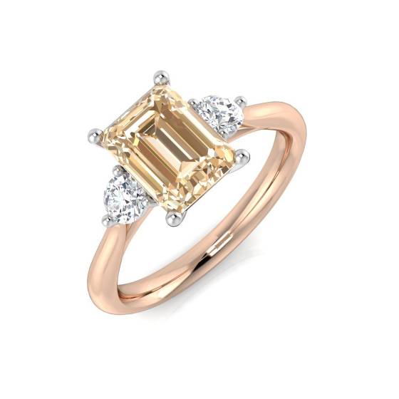 1.85ct VS/F-G Emerald cut Morganite Gemstone and Round Natural Diamond Trilogy Ring