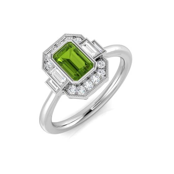 Emerald Cut Peridot Gemstone Bezel Set Ring