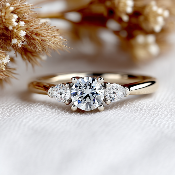 Elegant Round & Pear Diamond Trilogy Ring