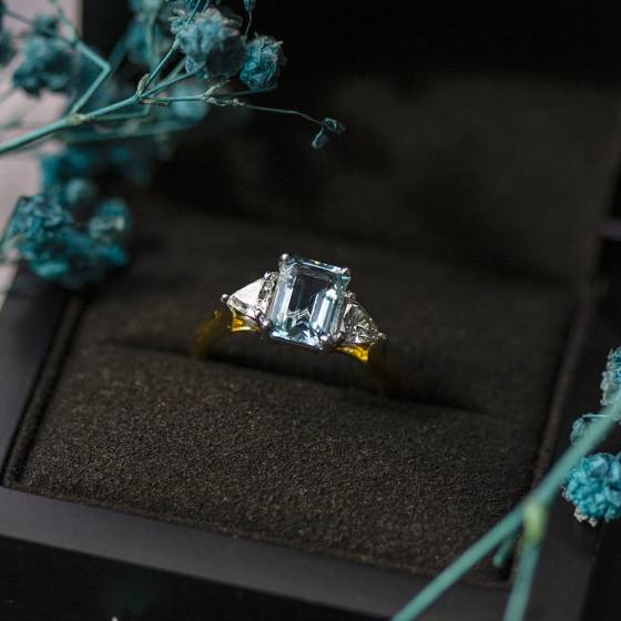 Emerald Aquamarine and Trillion Diamond Trilogy Ring