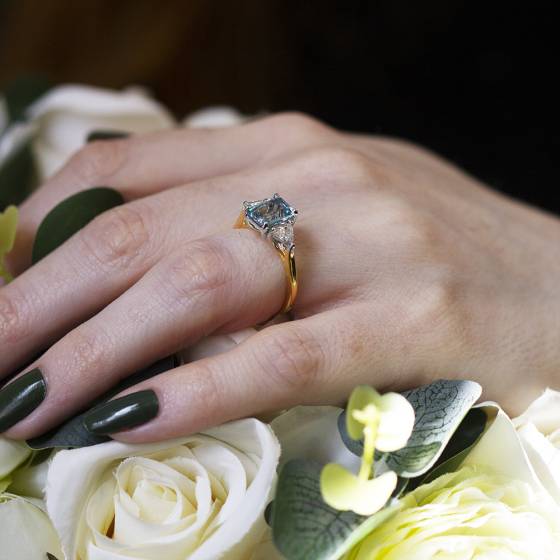 Emerald Aquamarine and Trillion Diamond Trilogy Ring