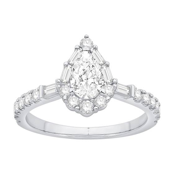 1.00Ct Pear Diamond Halo Baguette And Round With Baguette Sides And Round Shoulder Set Ring