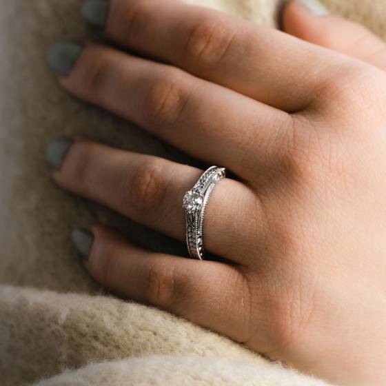 Unique Single Round Diamond Vintage Filgree Style Ring