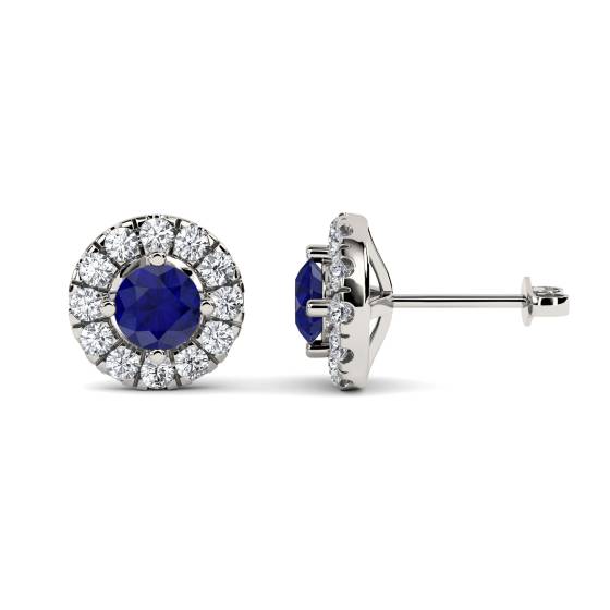 Round Blue Sapphire and Diamond Cluster Earrings