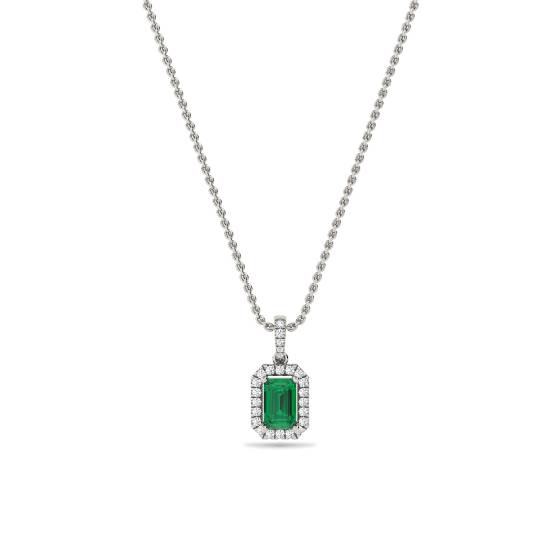 Green Emerald and Diamond Halo Pendant