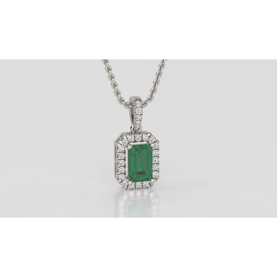 Green Emerald and Diamond Halo Pendant