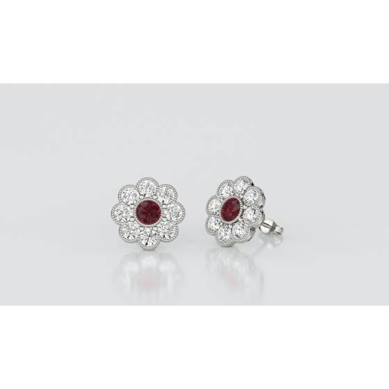 Round Ruby and Diamond Bezel Set Cluster Earrings