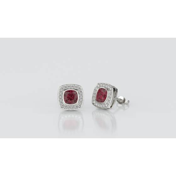 Cushion Ruby and Diamond Bezel Set Cluster Earrings