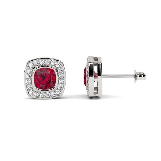 Cushion Ruby and Diamond Bezel Set Cluster Earrings