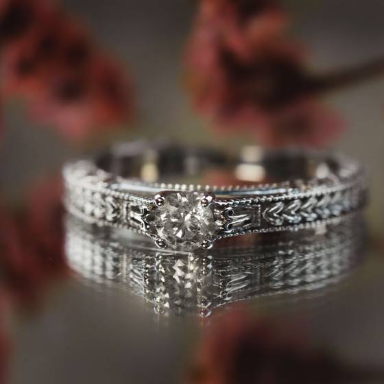 Unique Single Round Diamond Vintage Filgree Style Ring