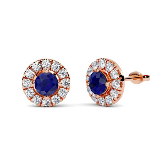 Round Blue Sapphire and Diamond Cluster Earrings