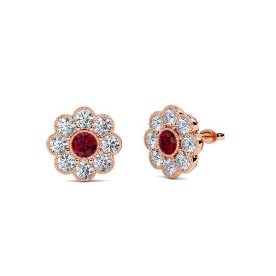 Round Ruby and Diamond Bezel Set Cluster Earrings