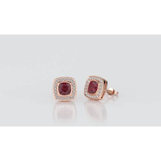 Cushion Ruby and Diamond Bezel Set Cluster Earrings