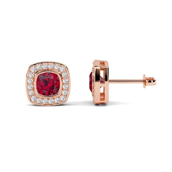 Cushion Ruby and Diamond Bezel Set Cluster Earrings