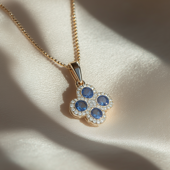 Blue Sapphire and Diamond Halo Clover Pendant
