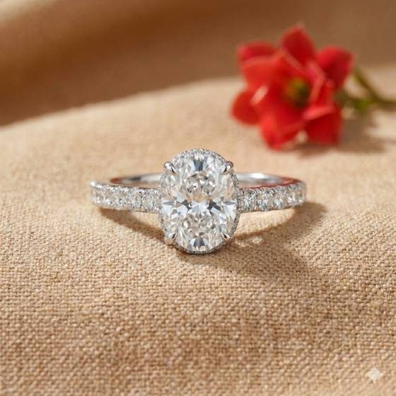 Oval Diamond High Set Hidden Halo Shoulder Set Ring