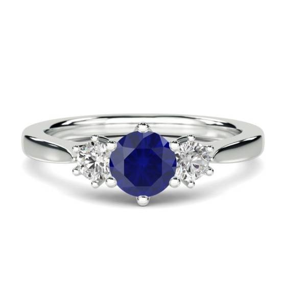 0.50ct SI/F-G Elegant Round Blue Sapphire and Natural Diamond Trilogy Ring